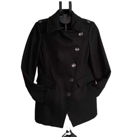 Kenneth Cole Asymmetrical Wool Blend Black Double Breasted Pea Coat Womens Small - Picture 2 of 15